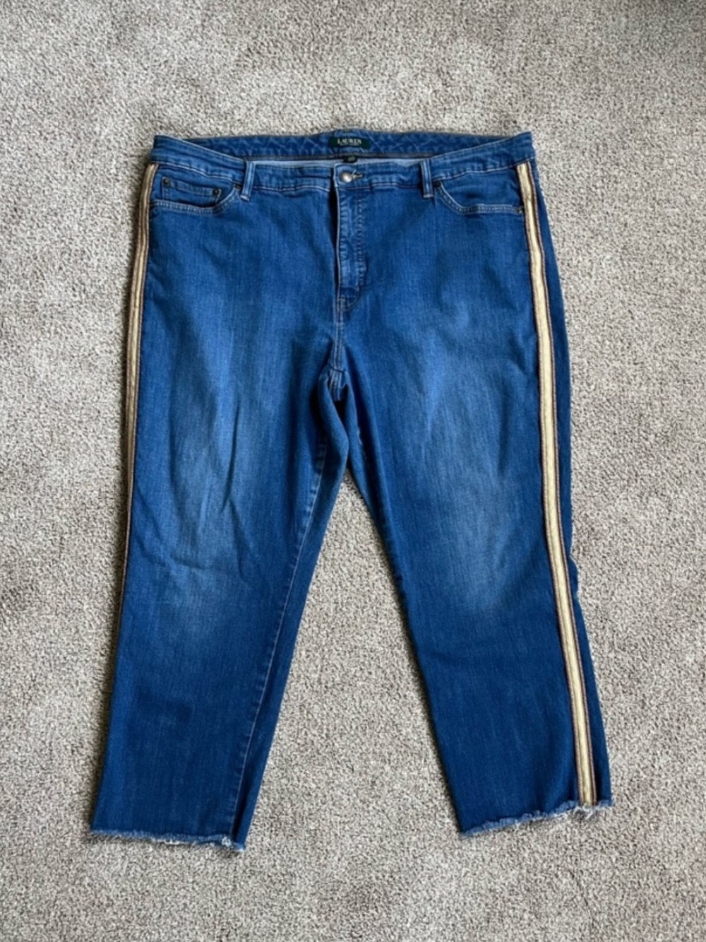 Ralph Lauren Regal Straight Ankle Blue Denim Jeans Gold Accent Trim Plus Size 22